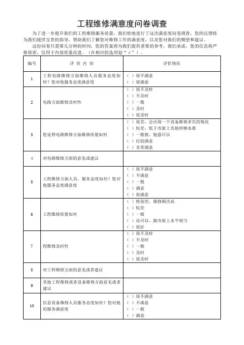 工程维修满意度问卷调查反馈表(可修改)