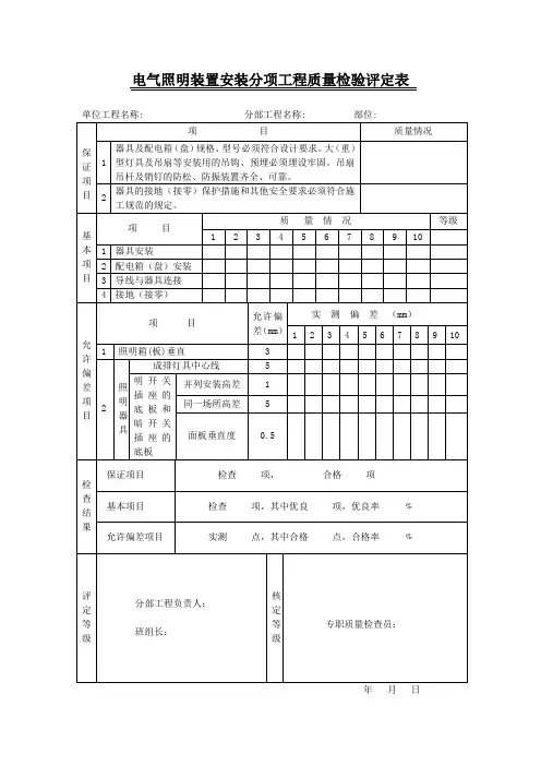 照明装置安装分项工程质量检验评定表