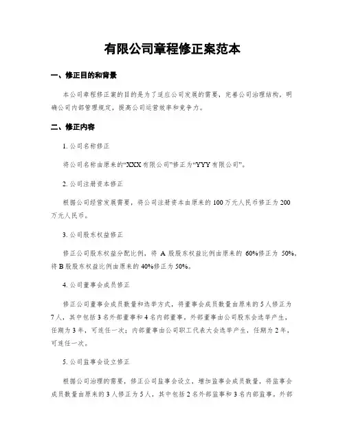 有限公司章程修正案范本