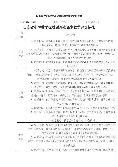 山东省小学数学优质课评选课堂教学评价标准