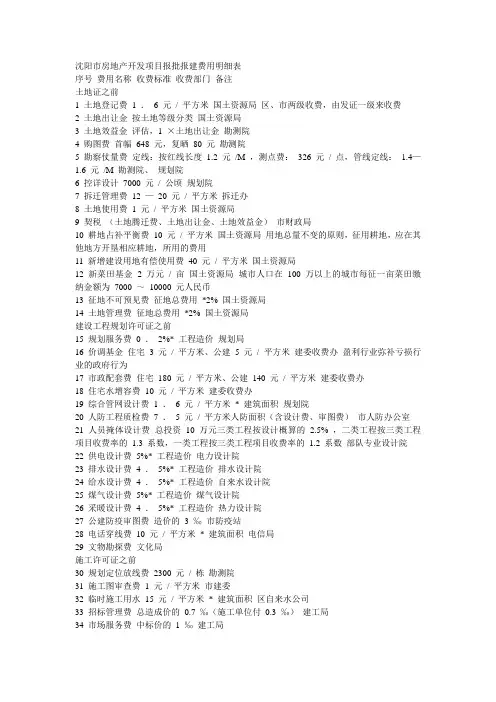 沈阳市房地产开发项目报批报建费用明细表