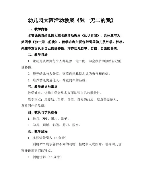 幼儿园大班活动教案《独一无二的我》