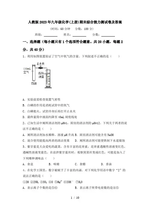 人教版2023年九年级化学(上册)期末综合能力测试卷及答案