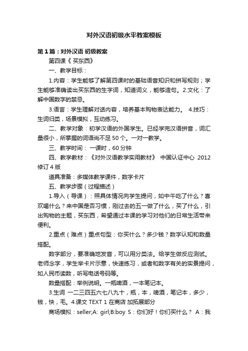 对外汉语初级水平教案模板