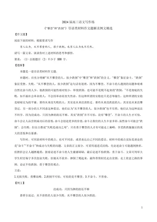 2024届高三语文写作练《“攀登”和“跌倒”》引语类材料作文题解及例文精选