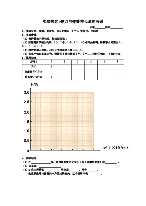 实验探究：弹力与弹簧伸长量的关系班级姓名1、实验仪器：弹簧、刻度尺、50g的钩码(5个)、铁架台