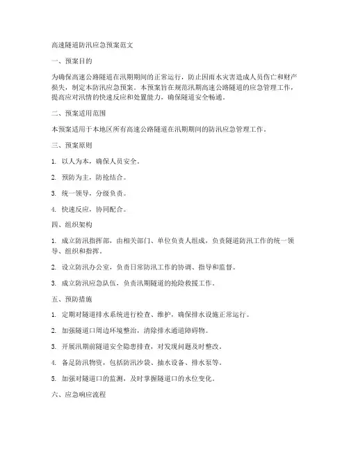 高速隧道防汛应急预案范文