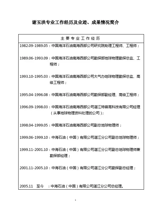 谢玉洪专业工作经历及获奖事迹情况简介