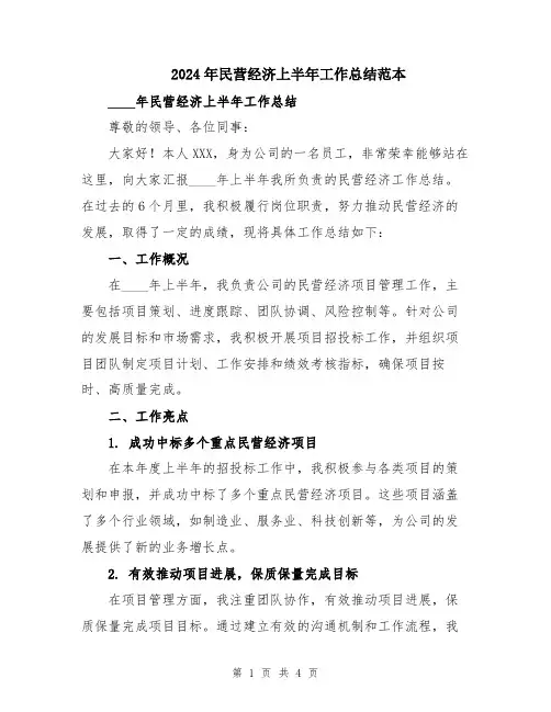 2024年民营经济上半年工作总结范本