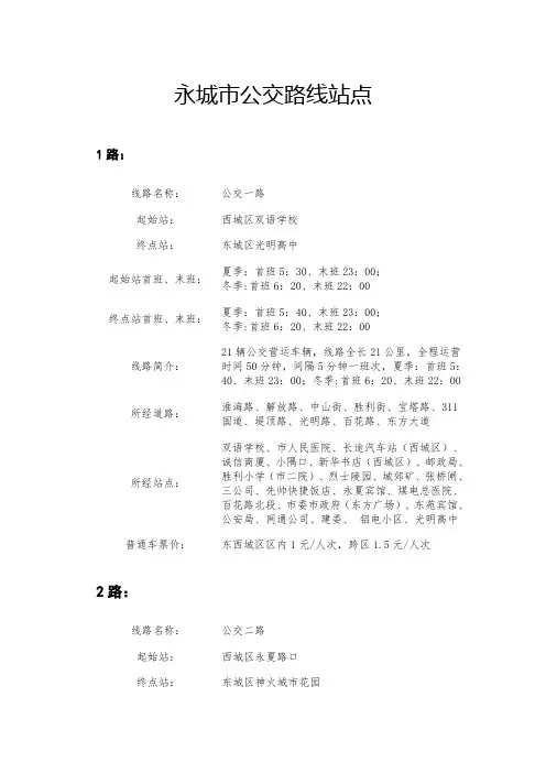 商丘永城市公交路线时刻表
