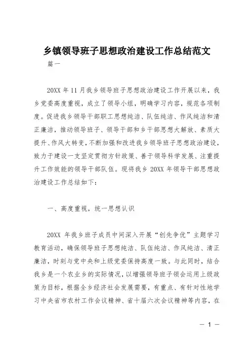 乡镇领导班子思想政治建设工作总结