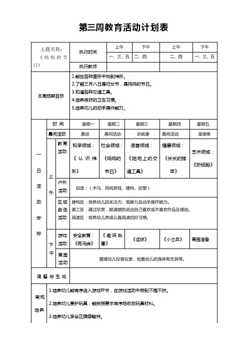 中班第三周计划