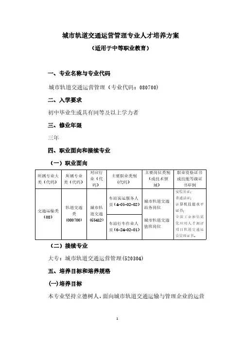 城市轨道交通运营管理专业人才培养方案(中职)