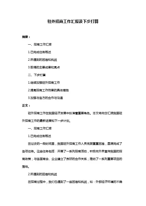 驻外招商工作汇报及下步打算