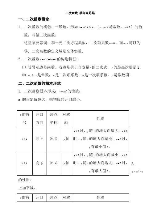 北师大数学九年级下册二次函数知识点总结