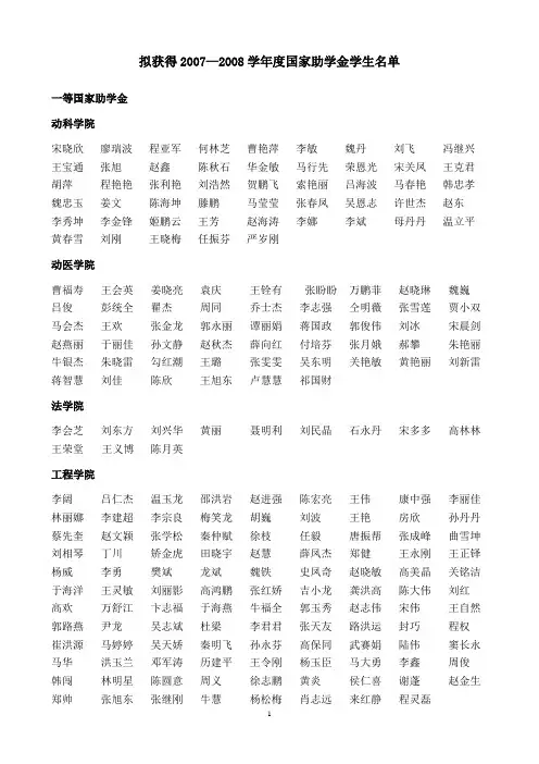 拟获得20072008学年度国家助学金学生名单