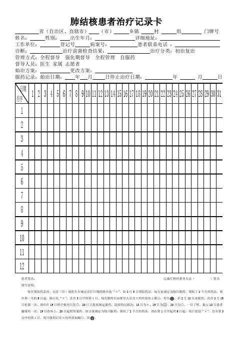 肺结核患者治疗记录卡
