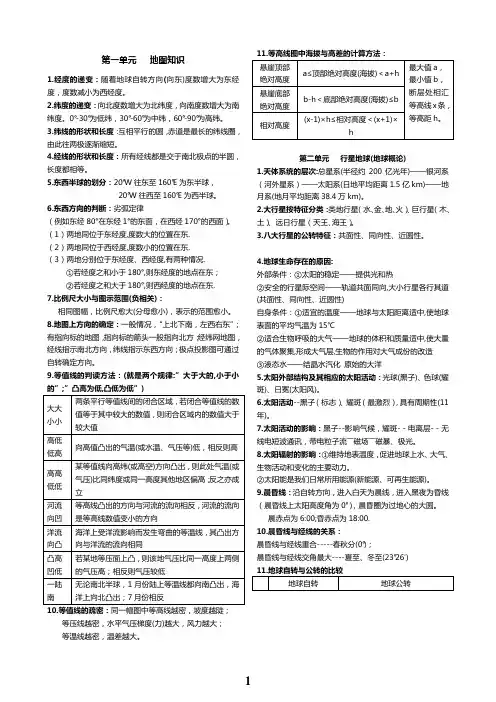 高一地理必修一第一二段元、地球地图知识点总结