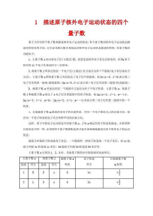 高中化学 第1章 本章重难点专题突破一 描述原子核外电子运动状态的四个量子数教案 高中化学教案