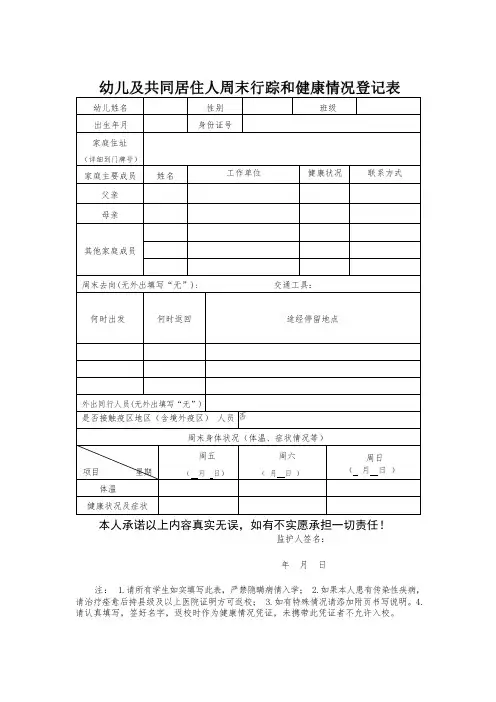 幼儿及共同居住人周末行踪和健康情况登记表