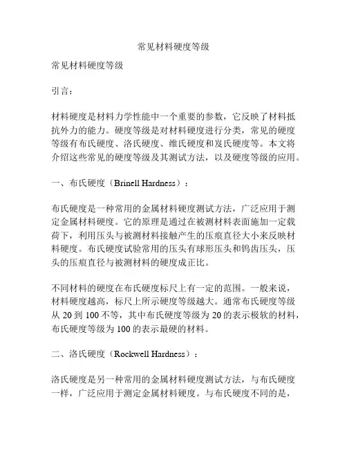 常见材料硬度等级