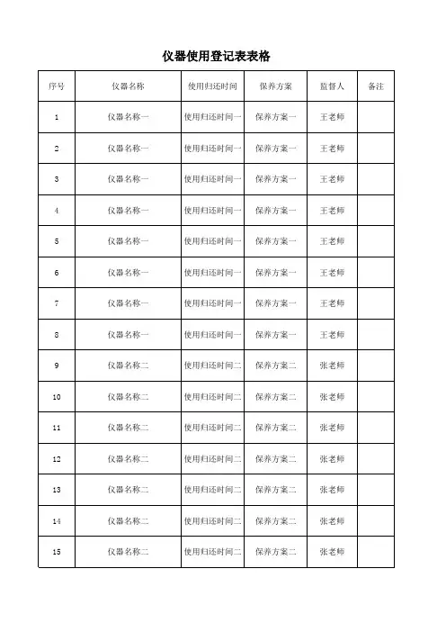 仪器使用登记表表格