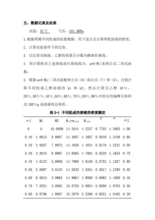 物化实验偏摩尔体积测定