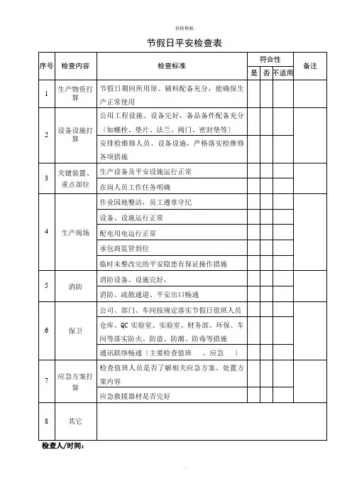 节假日平安检查表格(2022版)