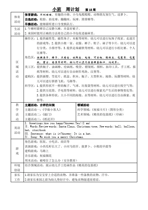 幼儿园小班周计划第18周