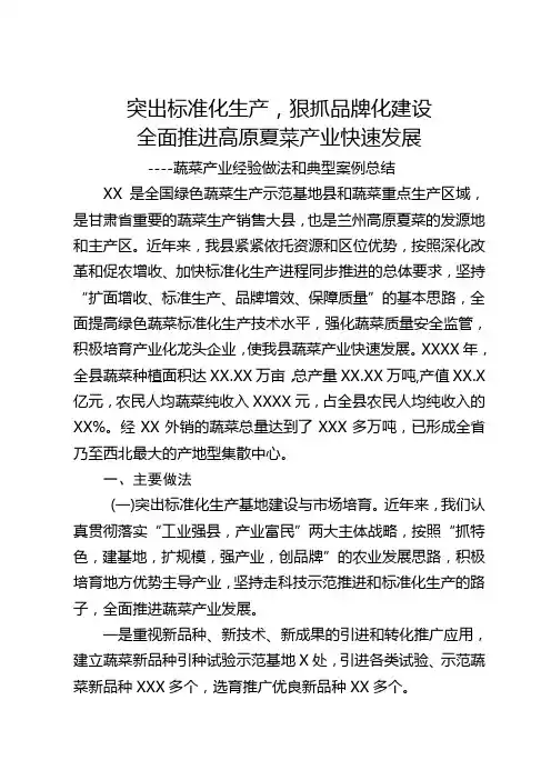 蔬菜产业经验做法和典型案例总结