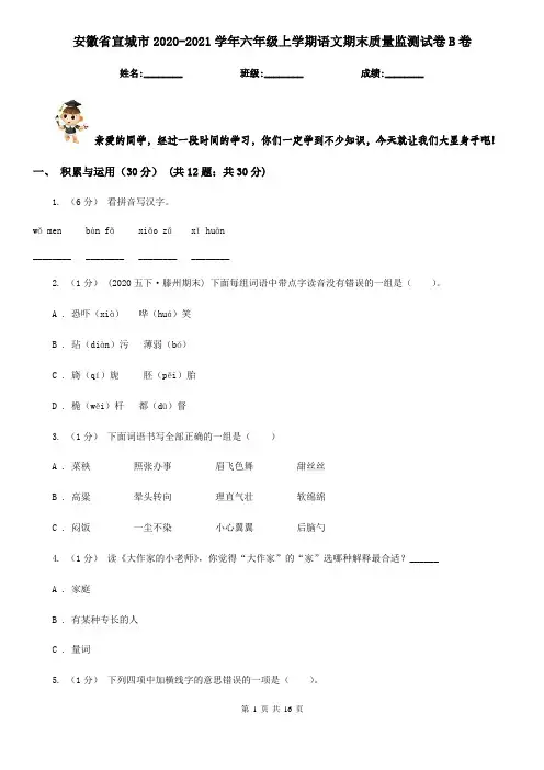 安徽省宣城市2020-2021学年六年级上学期语文期末质量监测试卷B卷