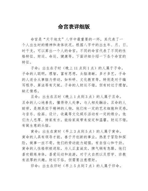 命宫表详细版