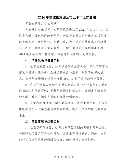 2024年市城投集团公司上半年工作总结