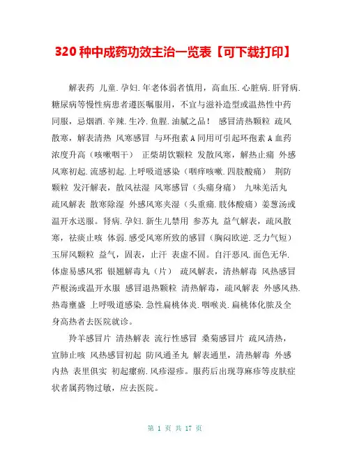 320种中成药功效主治一览表【可下载打印】