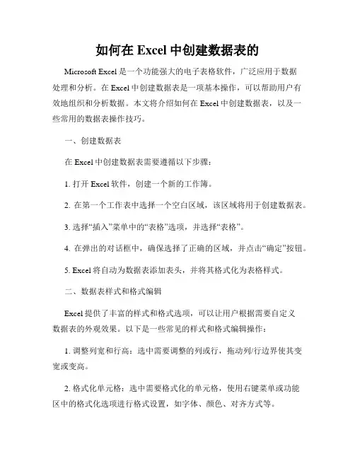 如何在Excel中创建数据表的