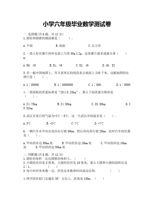小学六年级毕业数学测试卷及参考答案(黄金题型)