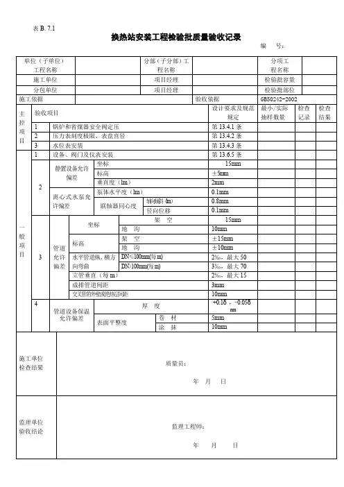换热站安装工程检验批质量验收记录