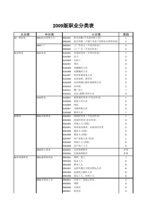 中国平安保险：2009年职业分类表