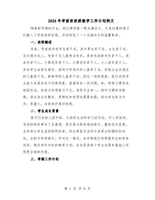 2024年学前班班级教学工作计划例文（3篇）