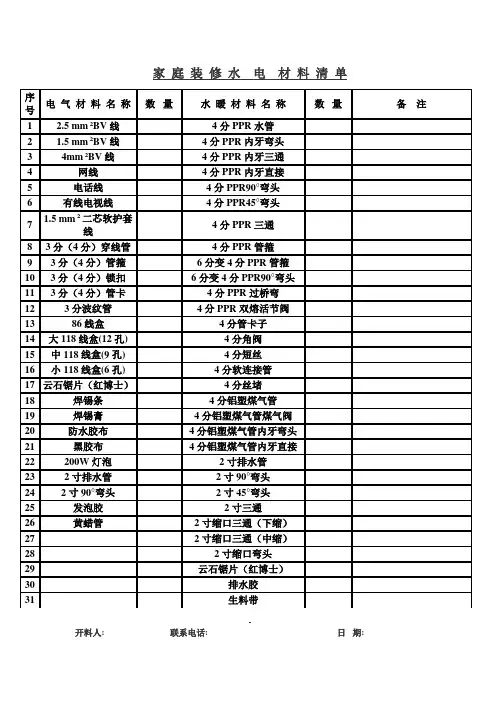 家 庭 装 修 水 暖 电 气 材 料 清 单