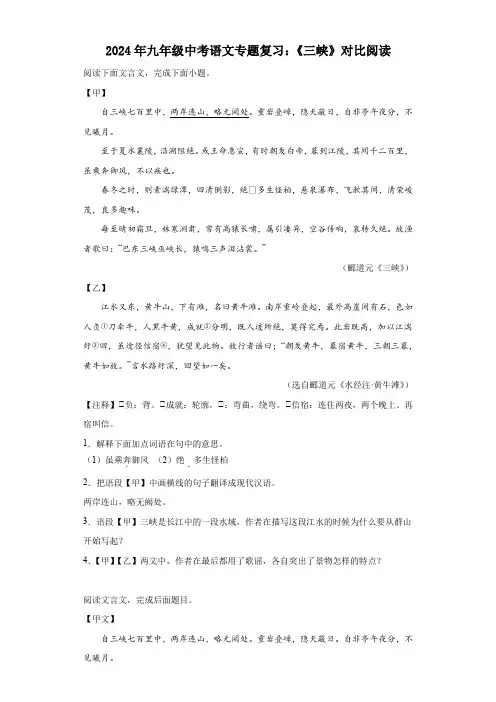 2024年九年级中考语文专题复习：《三峡》对比阅读(含答案)