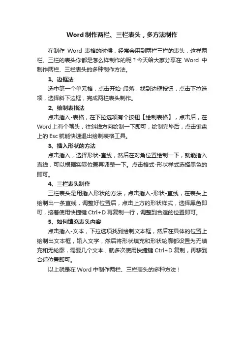 Word制作两栏、三栏表头，多方法制作