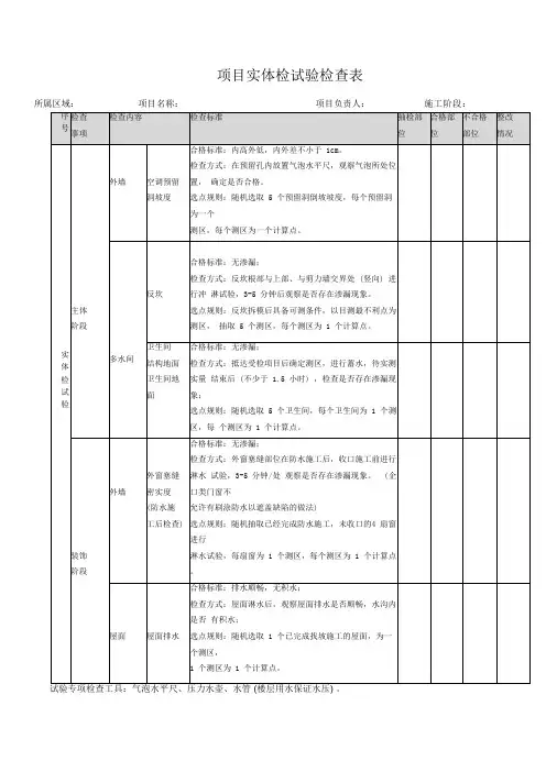 建筑施工项目实体检试验检查表