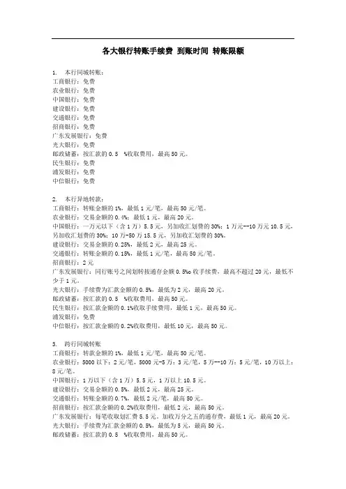 各大银行转账手续费 到账时间 转账限额