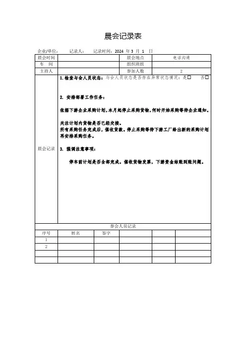 安全生产晨会记录表(参考样表)