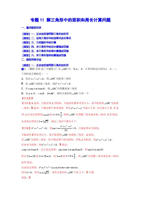 专题11 解三角形中的面积和周长计算问题(解析版)