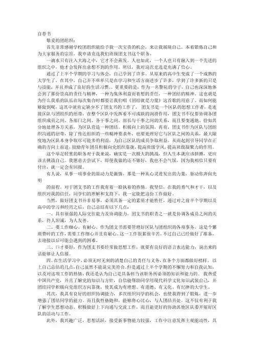 大学班级团支书自荐书