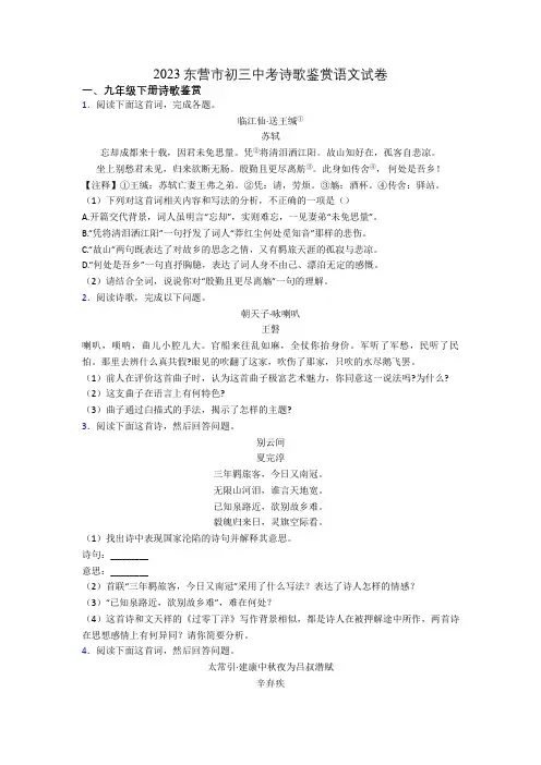 2023东营市初三中考诗歌鉴赏语文试卷