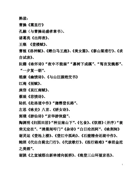中国古代文学史背诵、熟读篇目