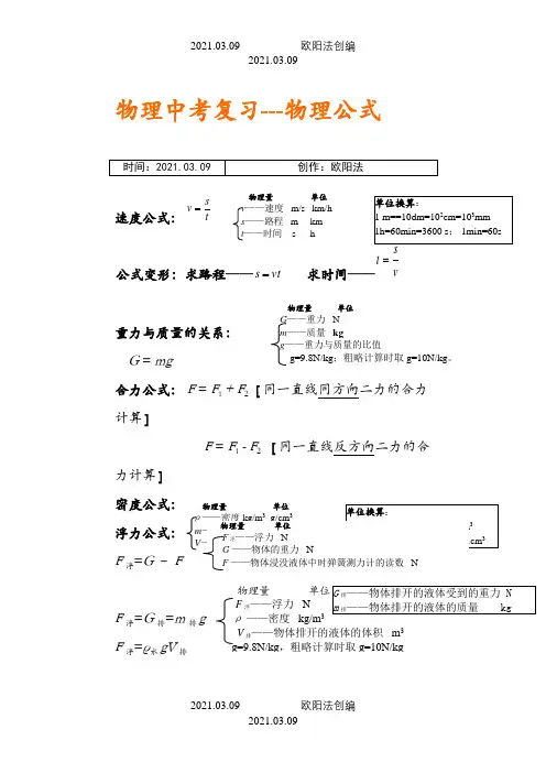 初中物理所有公式之欧阳法创编